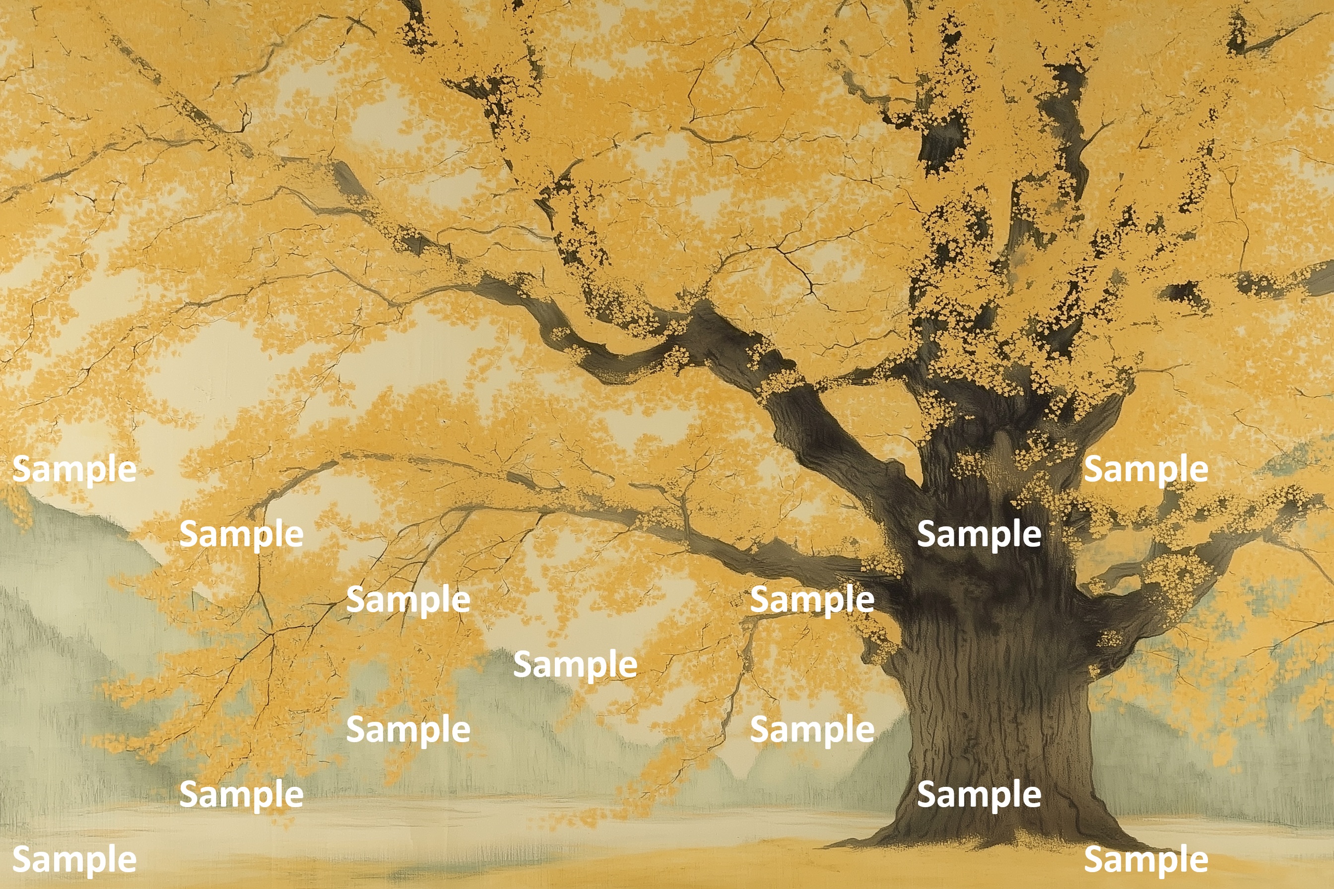 山の中のイチョウ、日本画, イチョウ, 秋, 巨木, 紅葉, 詫び寂び, 生命力, 雅, 余白の美, 情緒, 静謐, 風景画, 落ち葉, 絵画, 自然, 季節感, 黄色 