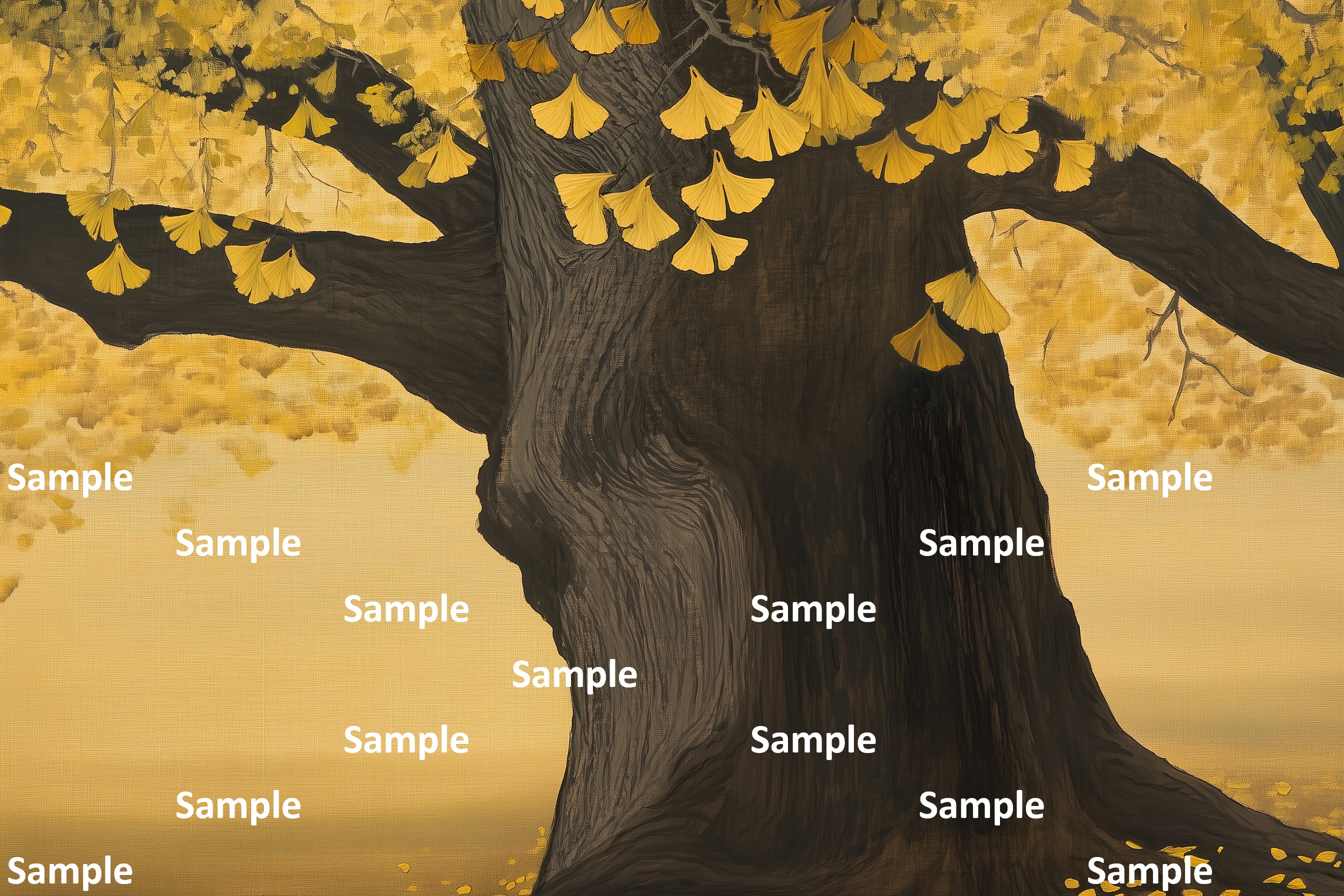 浮世絵的構図のイチョウの絵、日本画, イチョウ, 秋, 巨木, 紅葉, 詫び寂び, 生命力, 雅, 余白の美, 情緒, 静謐, 風景画, 落ち葉, 絵画, 自然, 季節感, 黄色