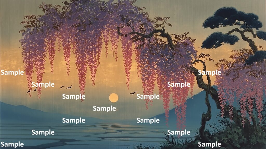 日本画風の藤の花、黄昏時の藤、