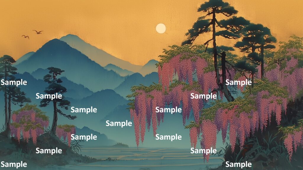 日本画風の藤の花、背景には神秘的な山々、