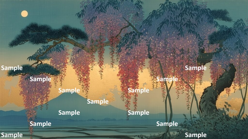 日本画風の藤の花、藤が絡む松の幹の造形美、山と田んぼ、