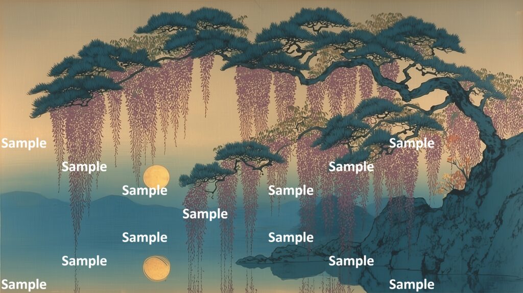 日本画風の藤の花、藤が絡む松の幹の造形美、満月、