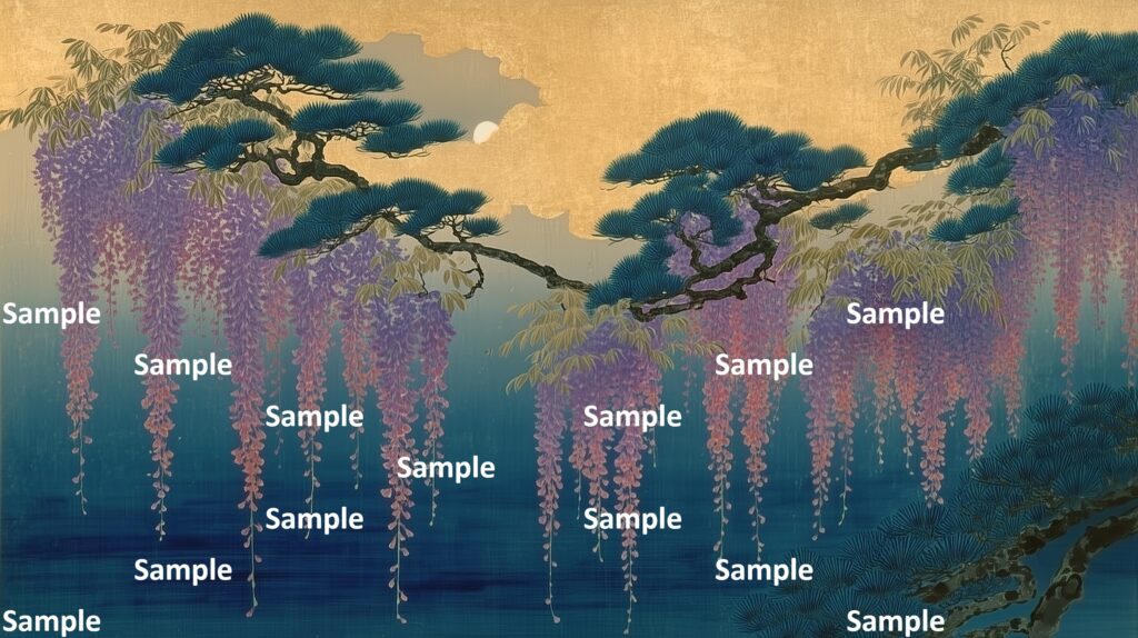 日本画風の藤の花、大海と藤の花、