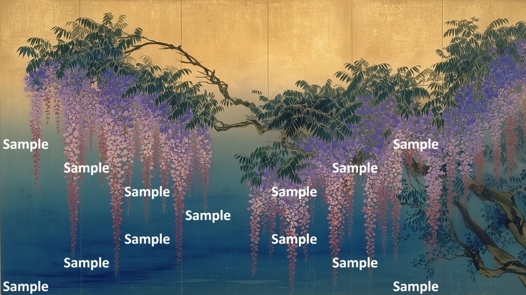 日本画風の藤の花、大河と藤の花、