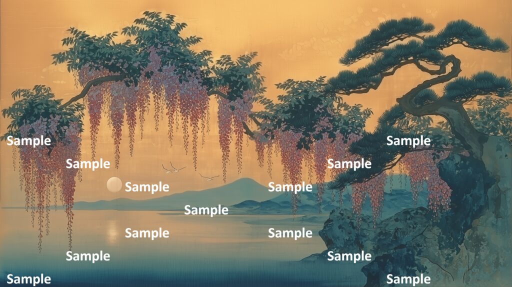 日本画風の藤の花、夕暮れの藤の花、松の造形美、情緒、