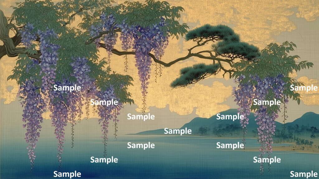 日本画風の藤の花、金箔の雲、海、山、