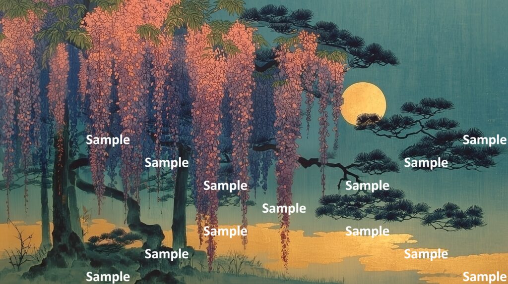 日本画風の藤の花、琳派のたらし込み技法で描かれた藤の幹、金箔の雲、満開の藤の花、