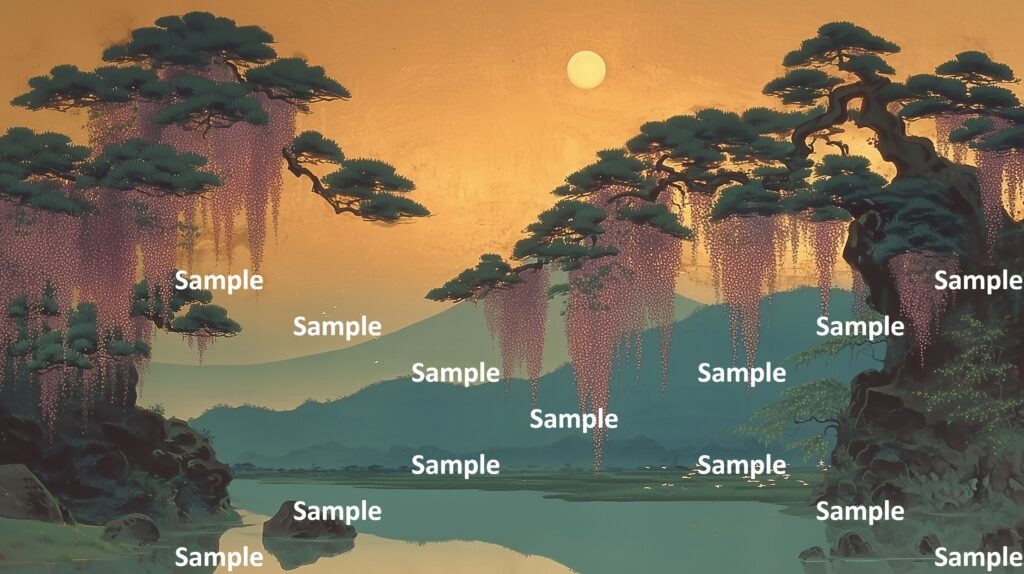 日本画風の藤の花、松の力強い生命力と藤の花、