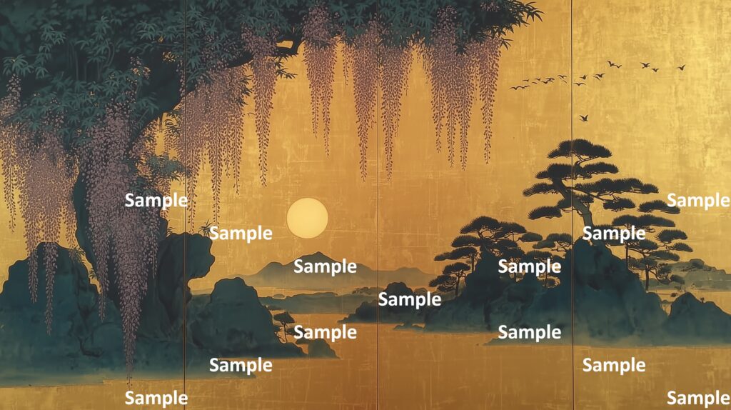 日本画風の藤の花、金箔の背景、金箔の海、小島の松、