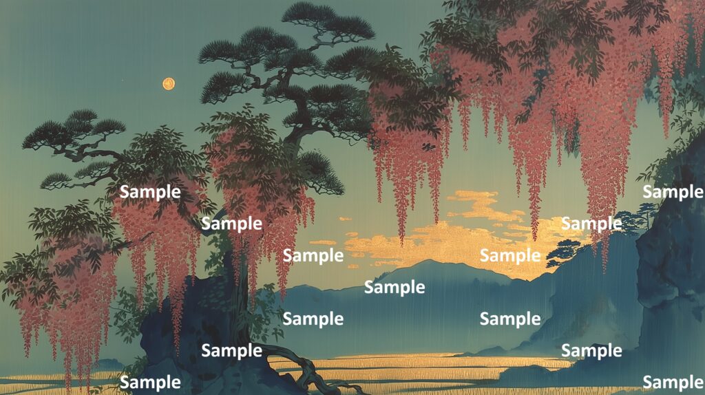 日本画風の藤の花、夕暮れの藤の花、夕日が藤の花を照らす、