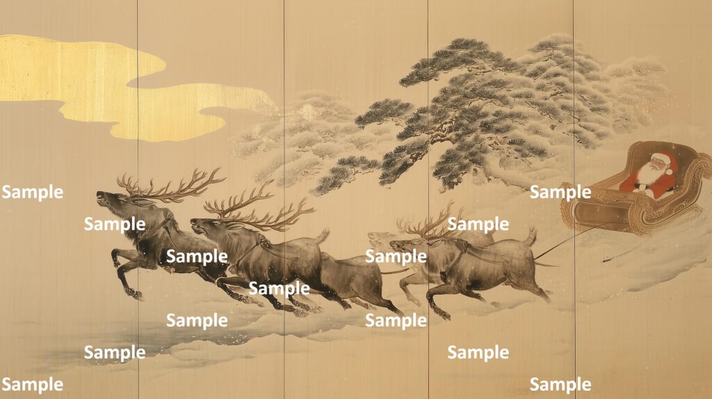 日本画風のサンタクロース、下降から上昇するトナカイ達とサンタ、金箔の雲、背景には松と金箔の雲