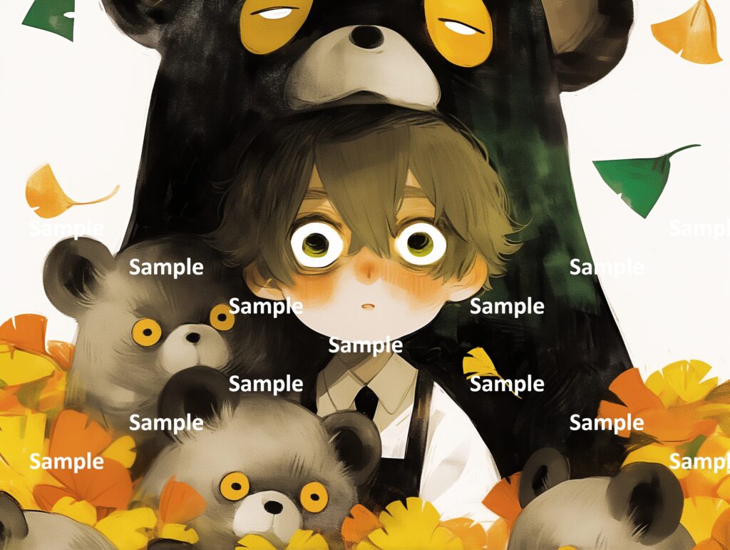 絵本の登場人物、少年、熊の親子、秋、落ち葉、