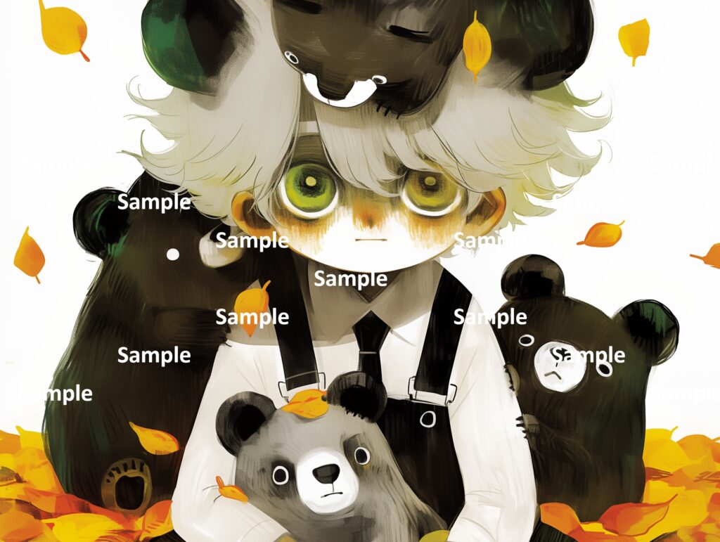 絵本の登場人物、少年、子熊たち、秋、落ち葉、抱っこ、じゃれ合う子熊たち、