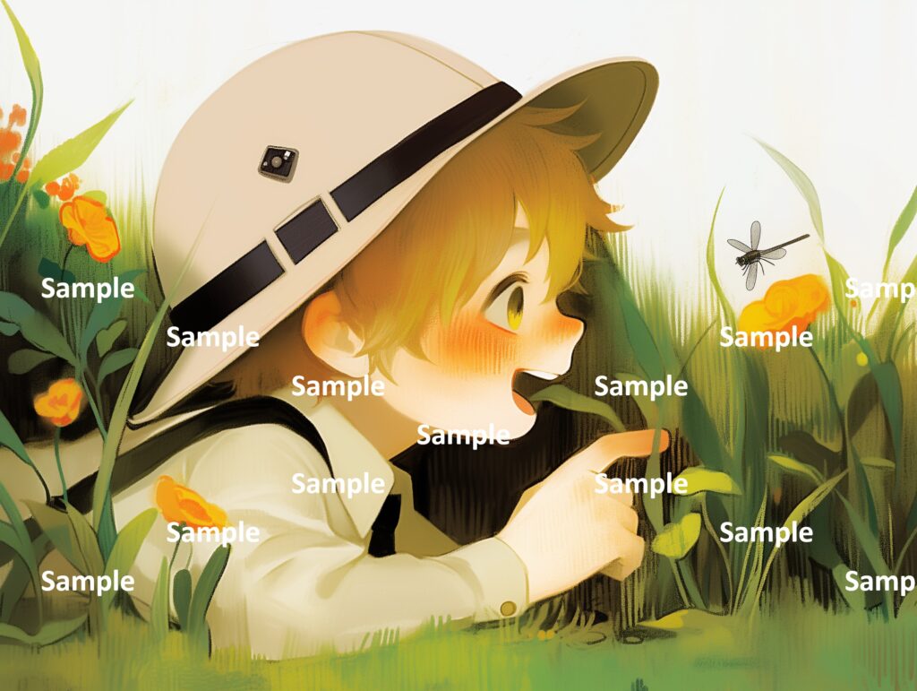 絵本の登場人物、少年、冒険、探検、トンボ、昆虫採集、