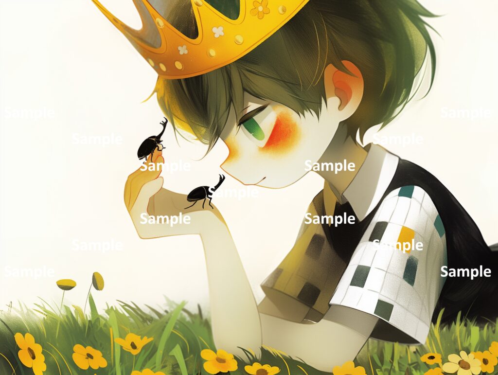 絵本の登場人物、少年、王子、昆虫の観察、夢中、集中、草原、