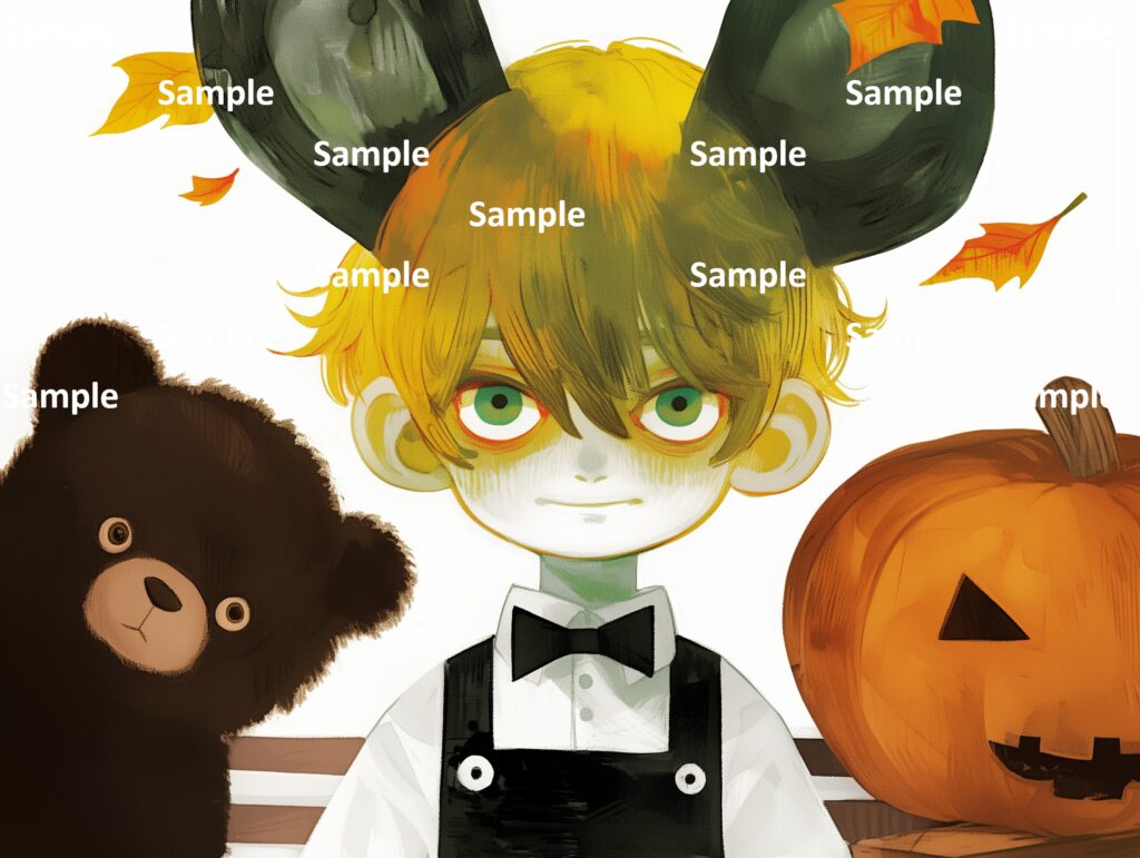 絵本の登場人物、ハロウィン、少年、ヴァンパイアの仮装、子熊、カボチャ、秋