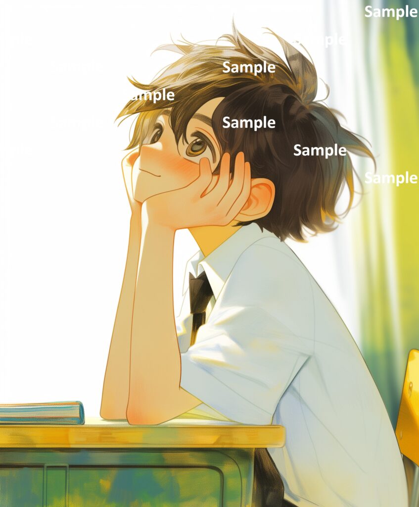 絵本の登場人物、男子生徒、夢見る少年、学校の教室、