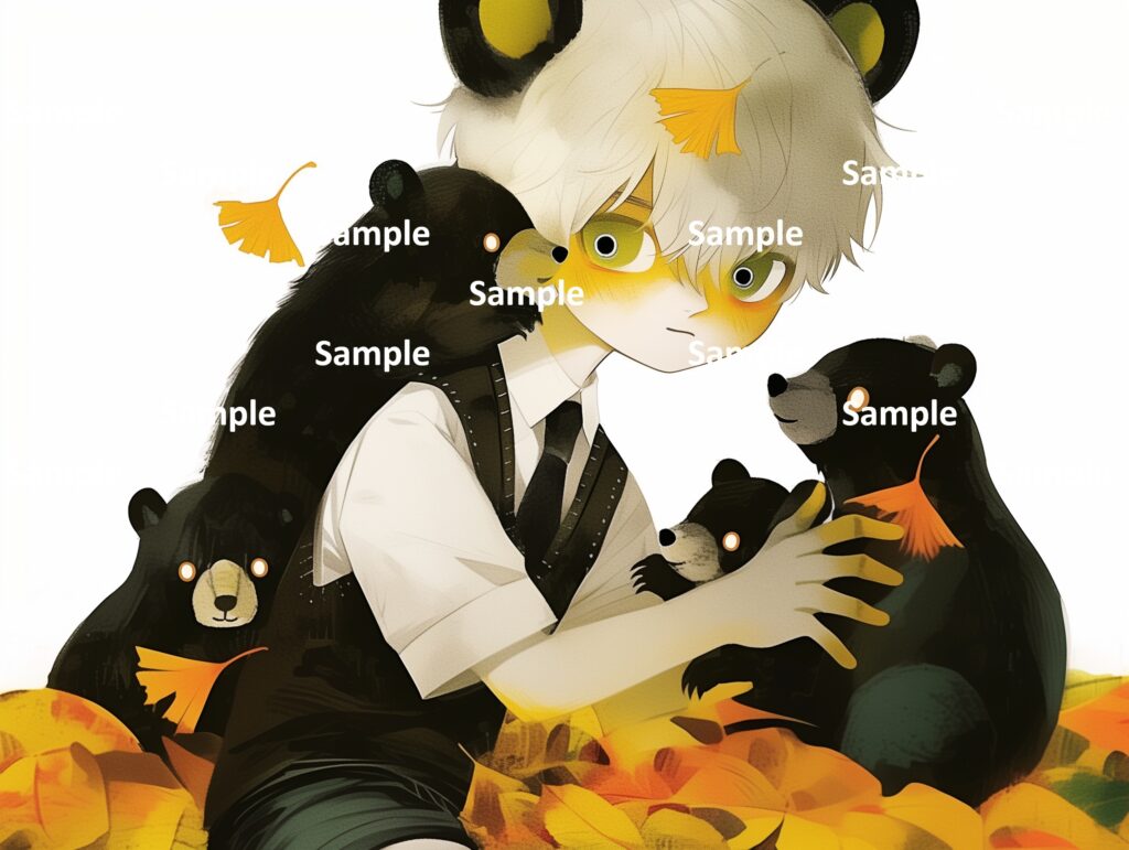 絵本の登場人物、少年、子熊、触れ合い、おんぶ、秋の山、献身的な健気な少年、