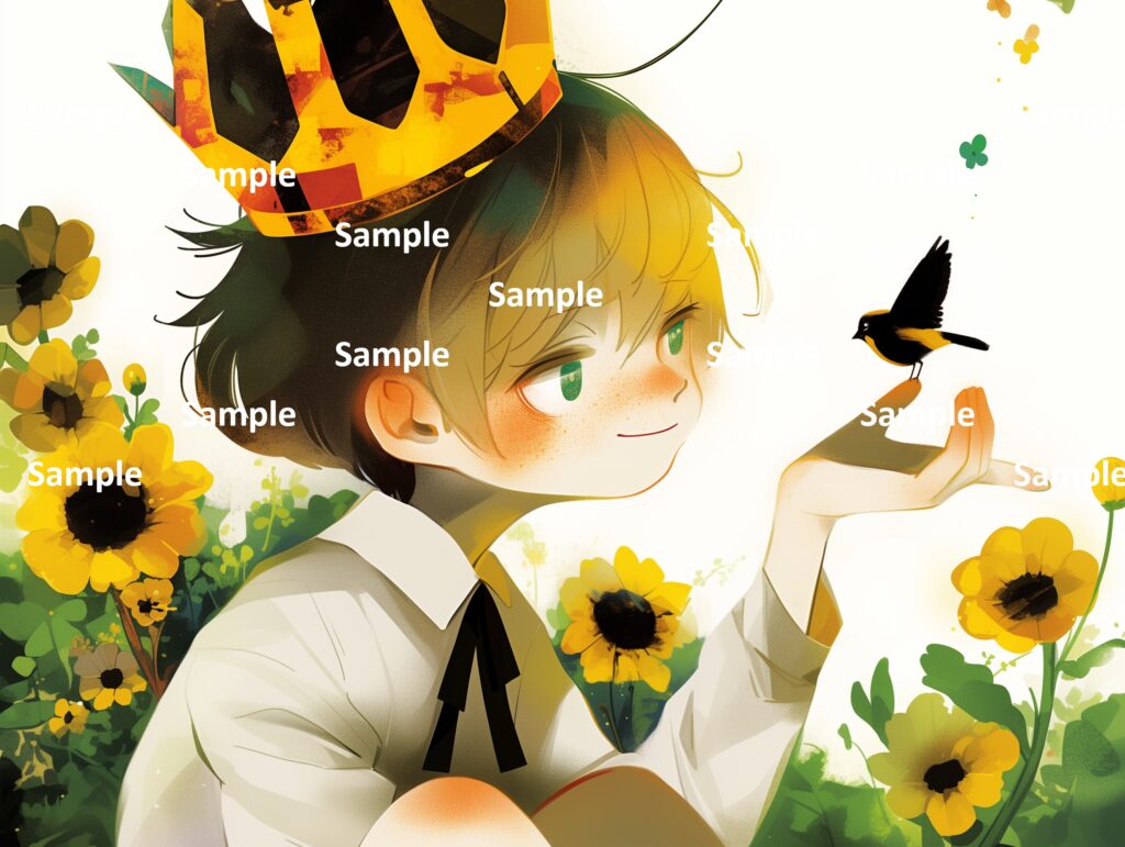 絵本の登場人物、王子、少年、魔法の世界、小鳥、春、王冠、