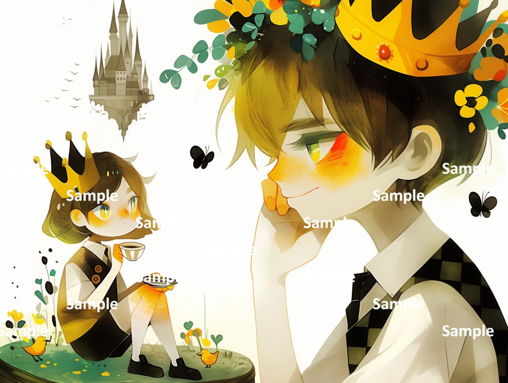 絵本の登場人物、王子、少女、空飛ぶ城、不思議な世界、鈍感な少年、