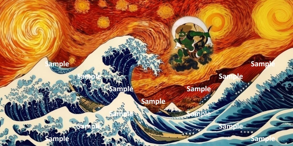 水火激冲、フィンセント・ファン・ゴッホ、『星月夜』、葛飾北斎、『富嶽三十六景 神奈川沖浪裏』、俵屋宗達、『風神雷神図屏風』、水と火の激しい衝突、日本画、西洋画、激しい変化、激しい混乱、激しい不安、荒れ模様、