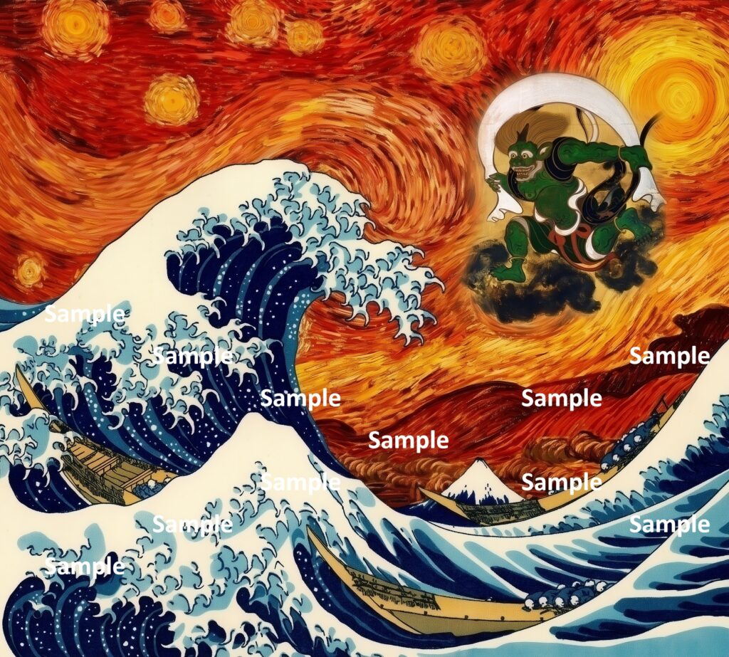 水火激冲、フィンセント・ファン・ゴッホ、『星月夜』、葛飾北斎、『富嶽三十六景 神奈川沖浪裏』、俵屋宗達、『風神雷神図屏風』、水と火の激しい衝突、日本画、西洋画、激しい変化、激しい混乱、激しい不安、荒れ模様、