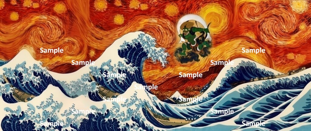 水火激冲、フィンセント・ファン・ゴッホ、『星月夜』、葛飾北斎、『富嶽三十六景 神奈川沖浪裏』、俵屋宗達、『風神雷神図屏風』、水と火の激しい衝突、日本画、西洋画、激しい変化、激しい混乱、激しい不安、荒れ模様、