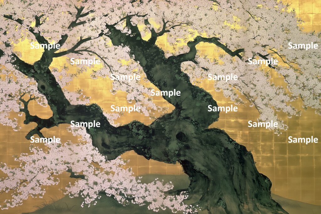 日本画風の桜、斜めに傾く幹、