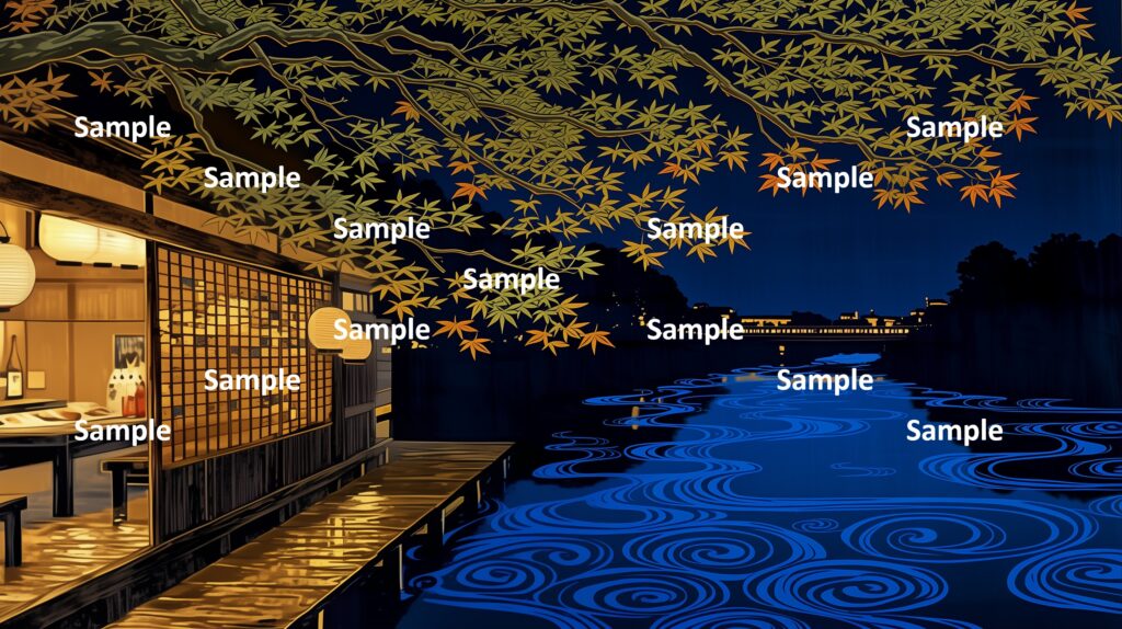 日本の夏の涼、川沿いの小料理屋、紅葉の木、水流紋による美しい川の流れ、夜景、真夏の夜の静寂、