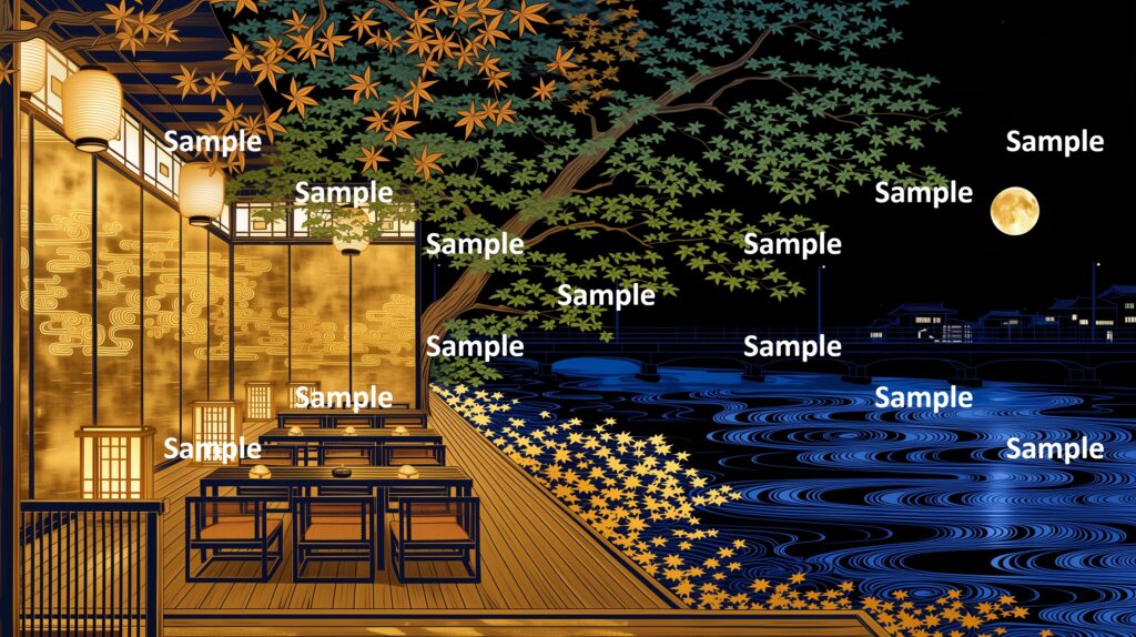 日本の夏の涼、満月の夜、川沿いの料理店、楓の木、金箔の襖、美しい水の流れ、町の夜景、
