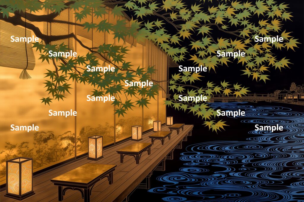 日本の夏の涼、夜景、川沿いの涼所、金箔の食膳、金箔の襖、あんどん、簾、楓の木、水流紋による神秘的な川の流れ、川に架かる橋、