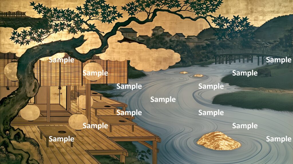日本の夏の涼、伝統的な日本美術の画風、川沿いの料理屋、金箔の雲、楓の木、涼し気な川の流れ、金箔の岩、川に架かる橋、背景の山、背景の家々、