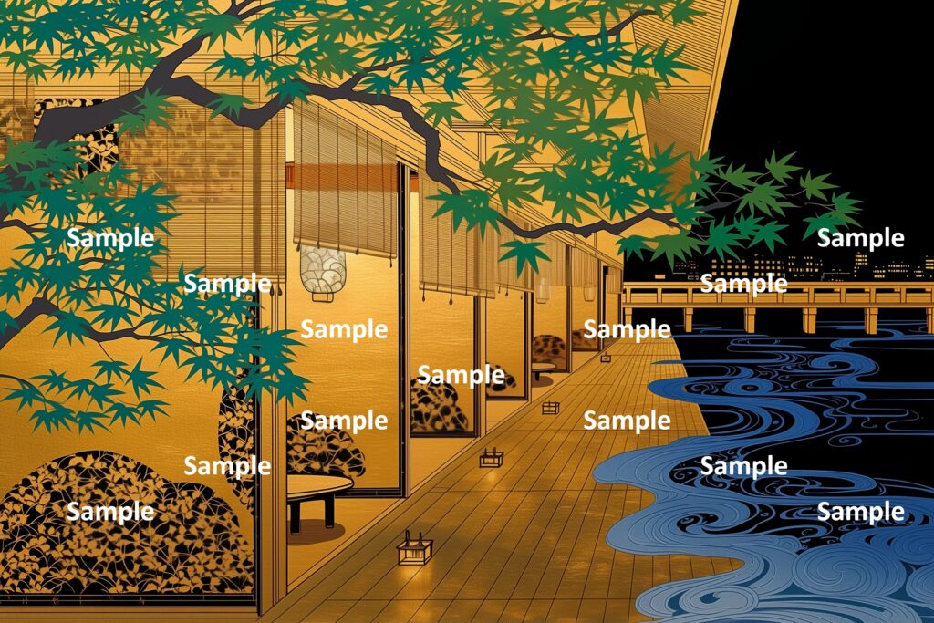 日本の夏の涼、金箔の高級料理店、簾、提灯、金箔の床、楓の木、神秘的な川からの漂い、川に架かる橋、背景には都市の夜景、