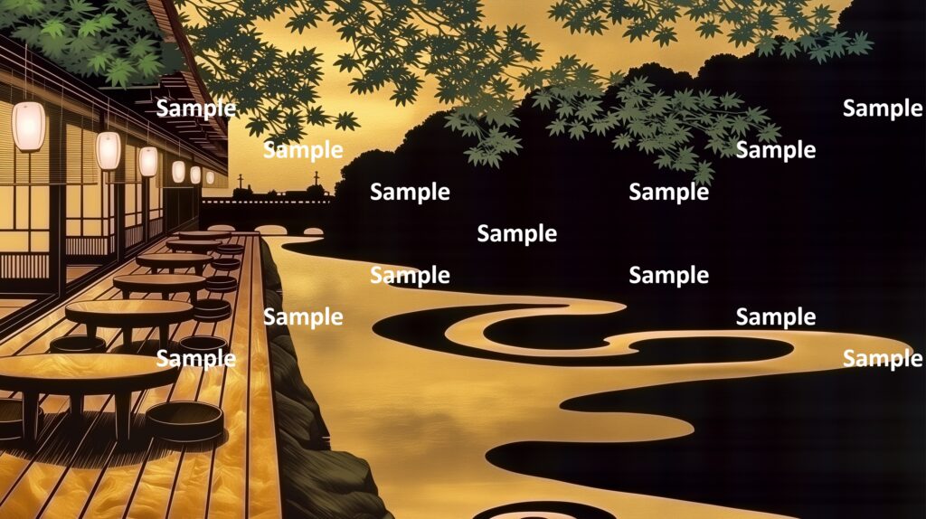 日本の夏の夕暮れ、日本の涼、夏の夕暮れの神秘的な川、金箔を多用した絵、緑色の紅葉の葉、川沿いの居酒屋、提灯、