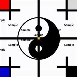陰陽論の太極図の現代アート、東洋の太極図と西洋の太極図、ピート・モンドリアン風の太極図、五行の色が太極図に組み込まれている、水平線と垂直線による陰陽表現、