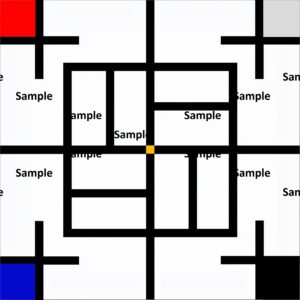 陰陽論の太極図の現代アート、太極図をピート・モンドリアン風する第一ステップ、水平線と垂直線による陰陽表現、