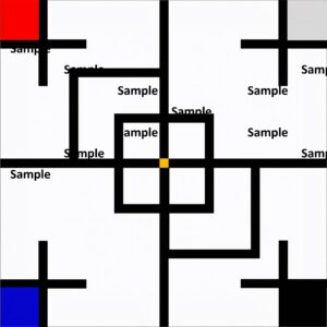 陰陽論の太極図の現代アート、太極図をピート・モンドリアン風する第五ステップ、モンドリアン化の最終版か？、試行錯誤バージョン、水平線と垂直線による陰陽表現、強いデザイン性、