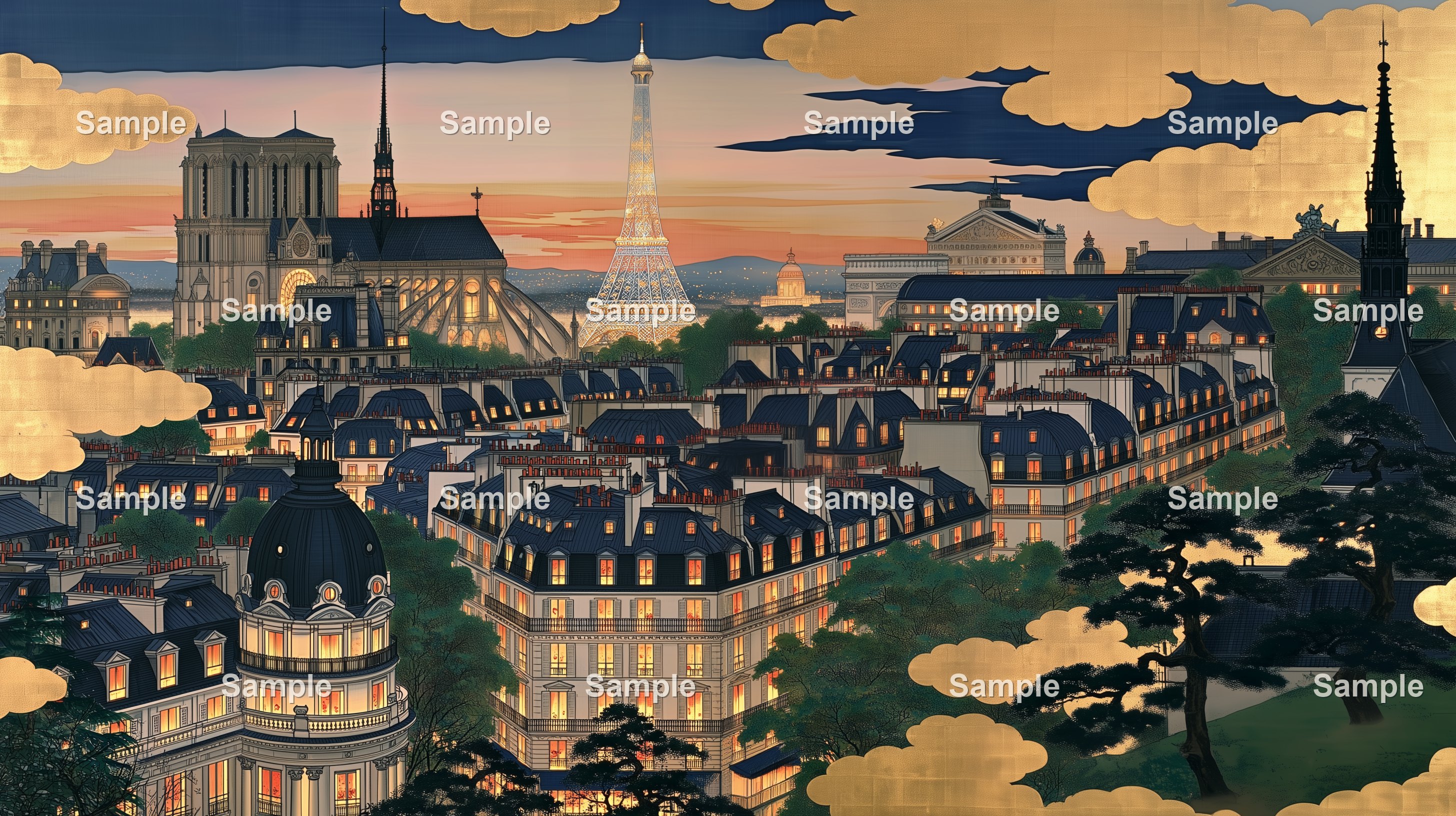 日本画風のパリ。金色の雲と夕暮れの街並みの奥にエッフェル塔が立つ絵の見本画像