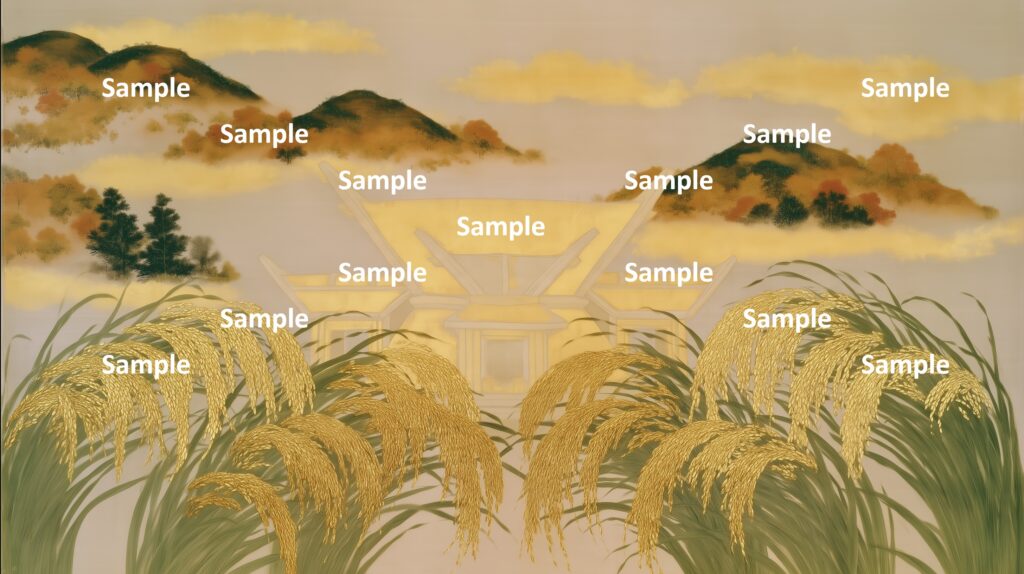 日本画風の日本の秋の田んぼ、伝統的日本画の遠近感が感じられる作品、金箔の古代日本の建物、